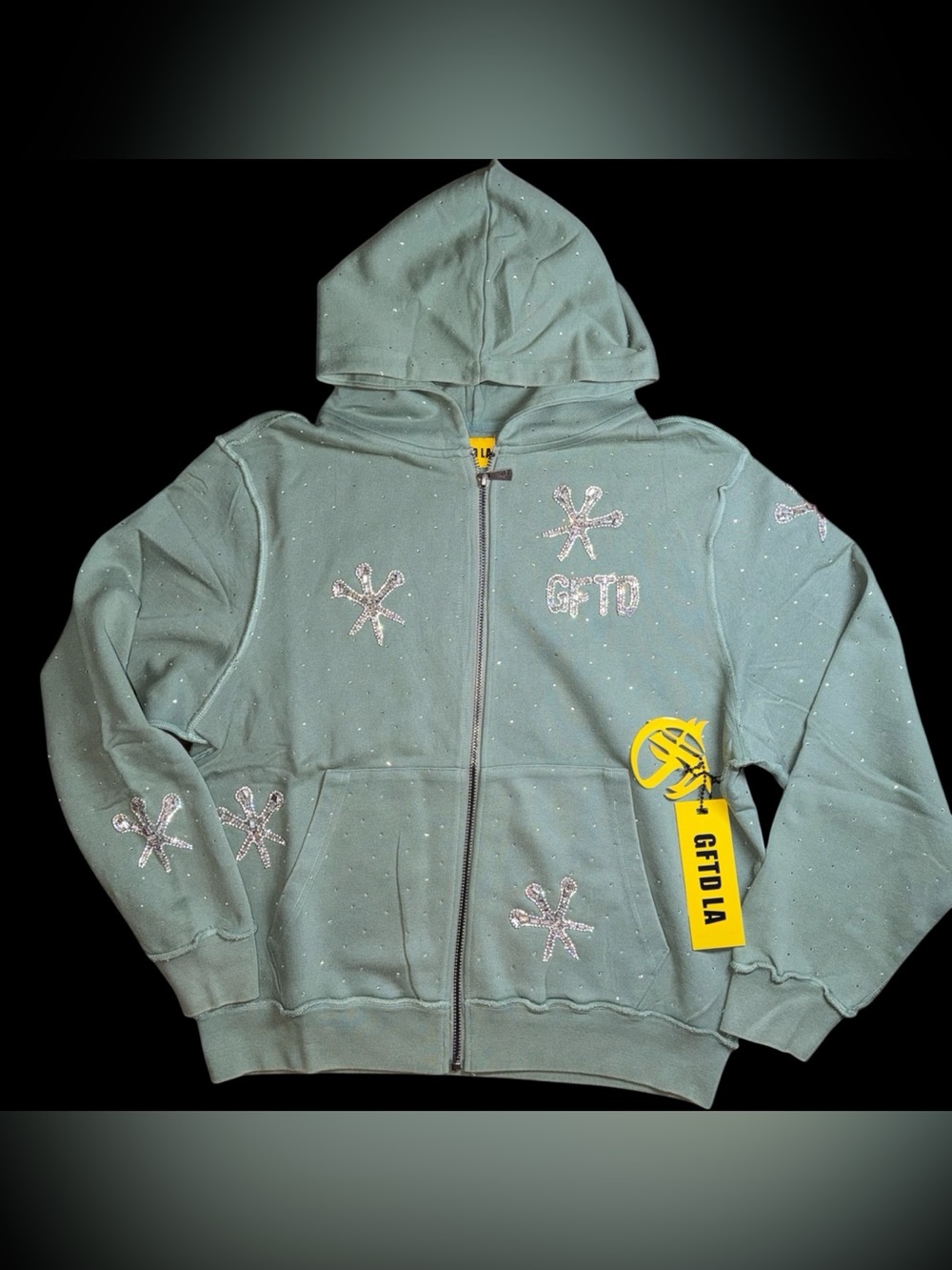 GFTD LA Mint Green RHINESTONE Speckled Zip Hoodie & Casual Streetwear medium